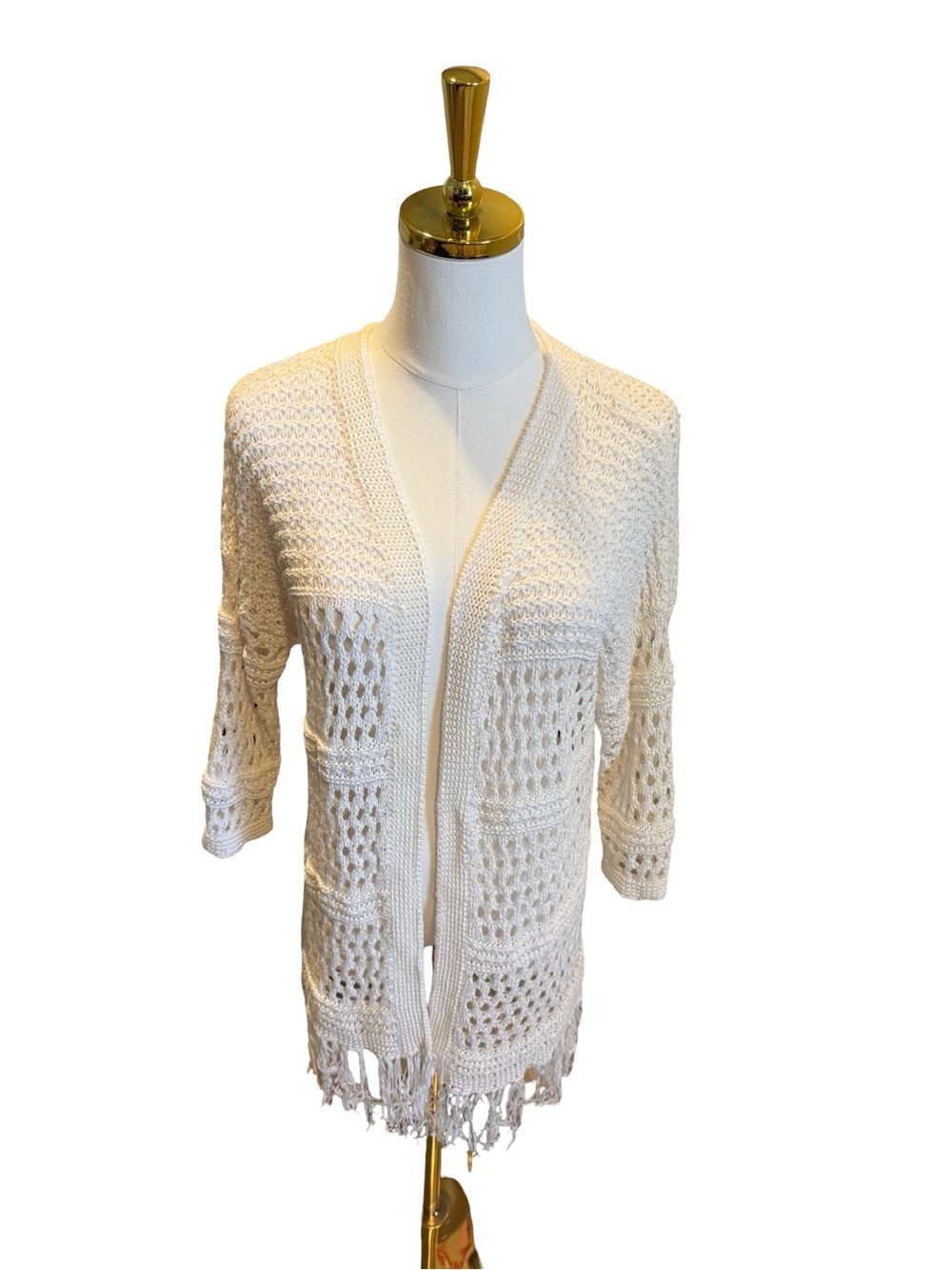 Chelsea & Theodore white Open-Front Crochet Cardigan with Fringe